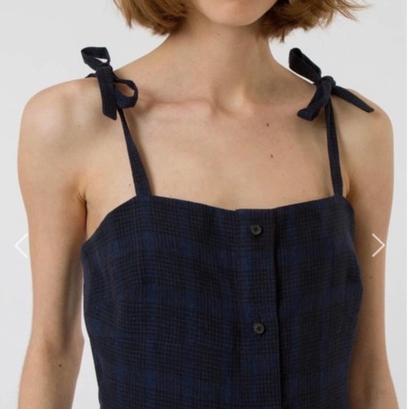 CREATURES OF COMFORT Dress Womens 0 Blue Plaid Linen Button Front Tie Shoulder - Picture 2 of 16